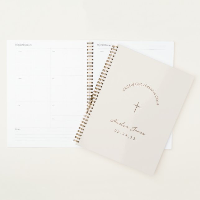 Baptême personnalisé Cadeau croisé beige (Devant avec enveloppe)