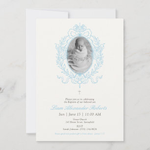 Baptême Photo Personnalisée Bleue Invitation