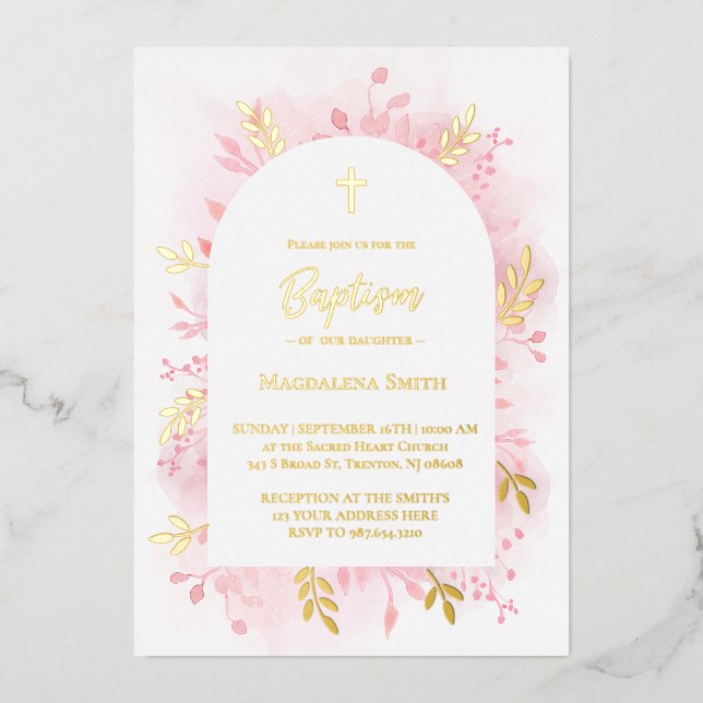 Baptême rose aquarelle or feuille invitation (Recto)