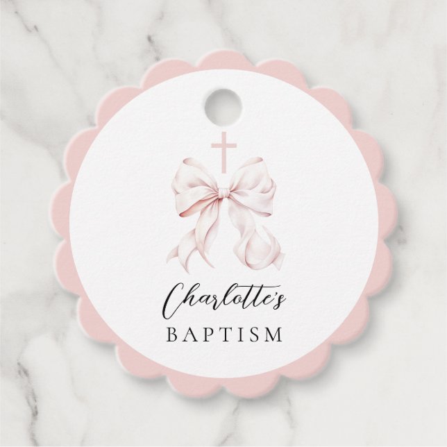 Baptême rose Bow Favoriser les étiquettes (Devant)