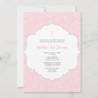 Baptême rose damassé invitation