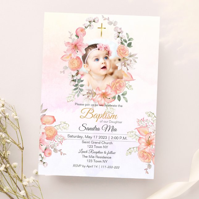 Baptême rose doux Invitation (Sweet Pink Floral Baptism Invitation )