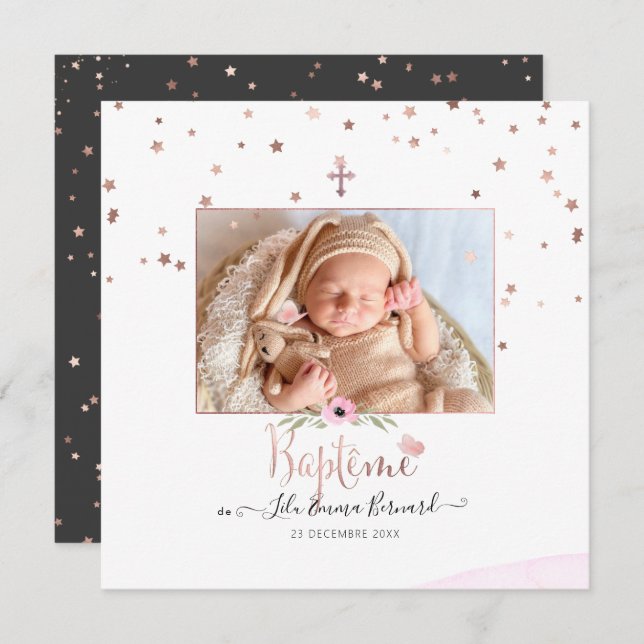 Baptême-Rose Einladung (Vorne/Hinten)