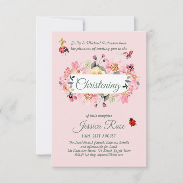 Baptême rose floral Invitations (Devant)
