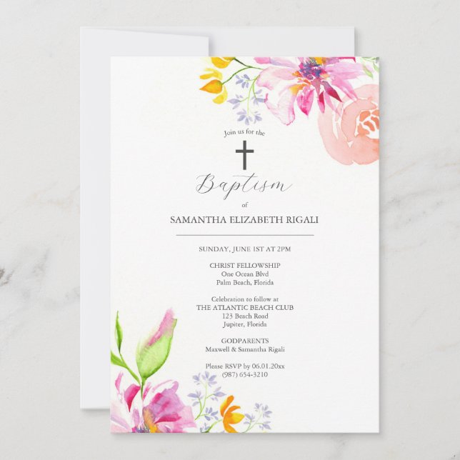 Baptême rose Invitations Godparents Nom Fleurs (Devant)