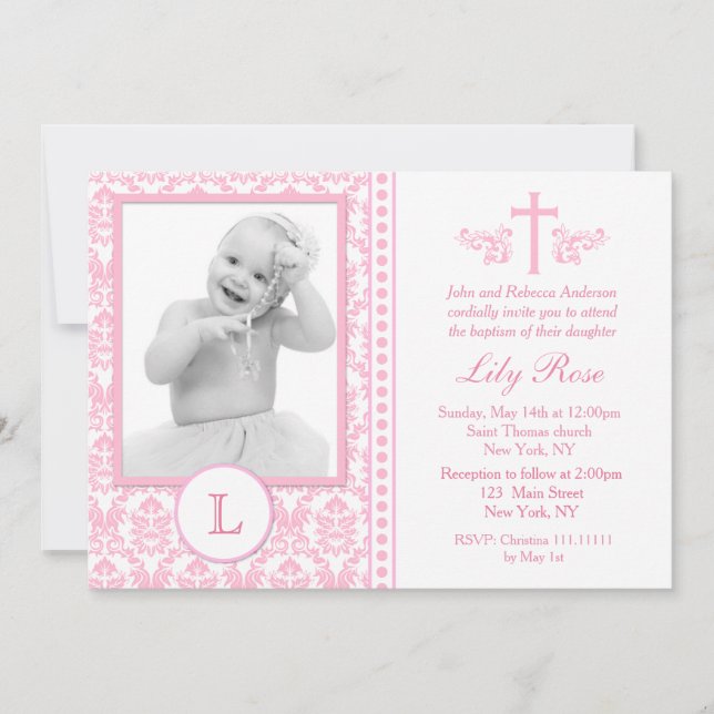 Baptême rose Invitations Photo (Devant)