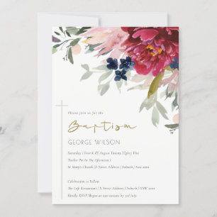 Baptême rouge Bourgogne Bleu Floral Invitation