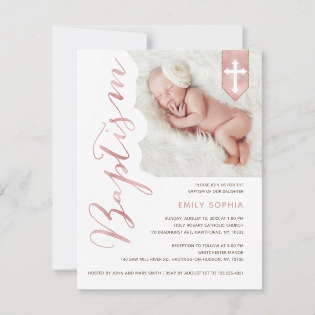 Baptême Script brillant Blush Photo Invitation (Devant)