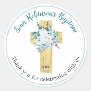 Baptême Stickers Garçon bleu Floral Croix en bois