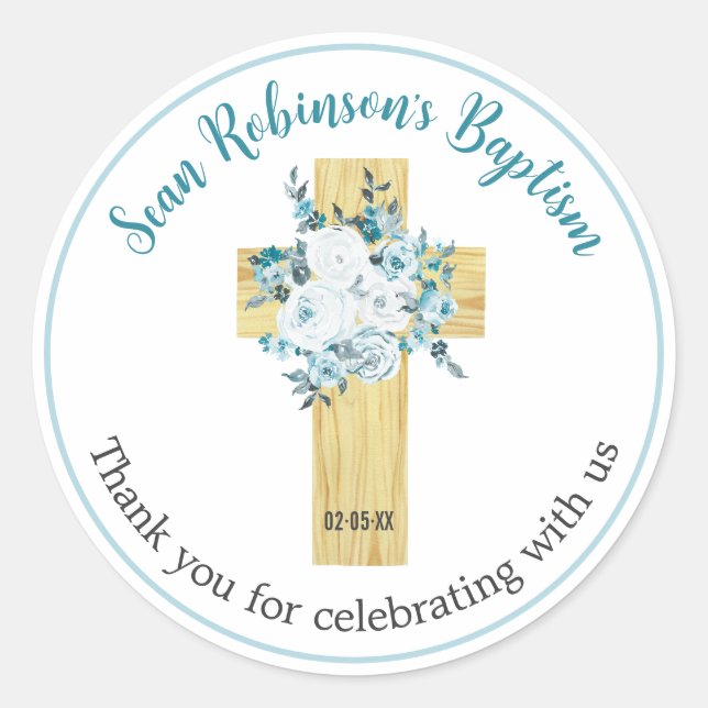 Baptême Stickers Garçon bleu Floral Croix en bois (Devant)