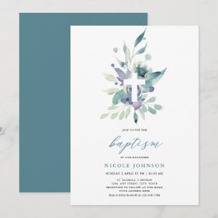 Baptême Violet Bleu Florales Élégance Invitation
