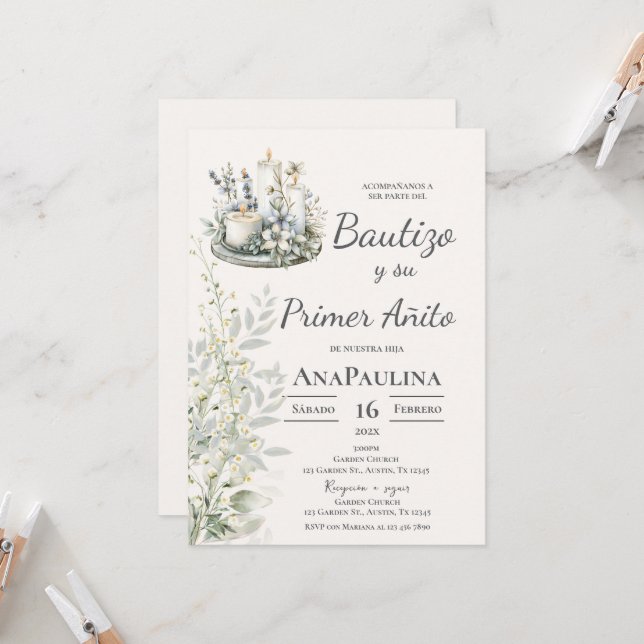 Baptism and first year invitation in Spanish Einladung (Vorderseite/Rückseite Beispiel)