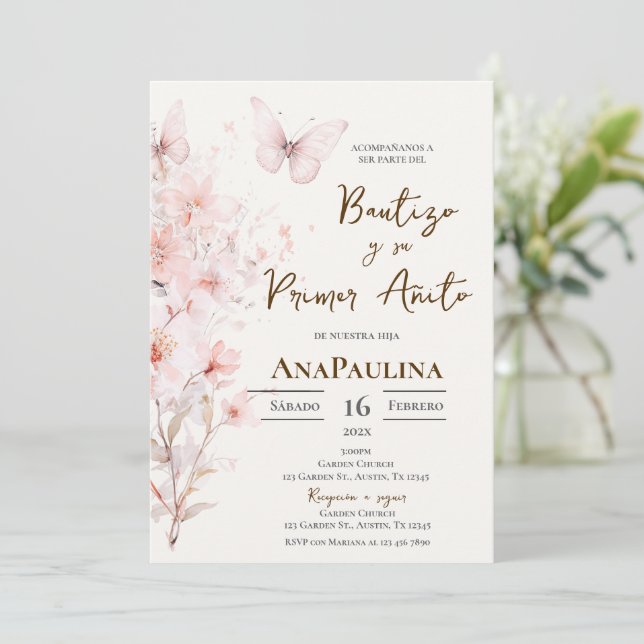 Baptism and first year invitation in Spanish Einladung (Stehend Vorderseite)