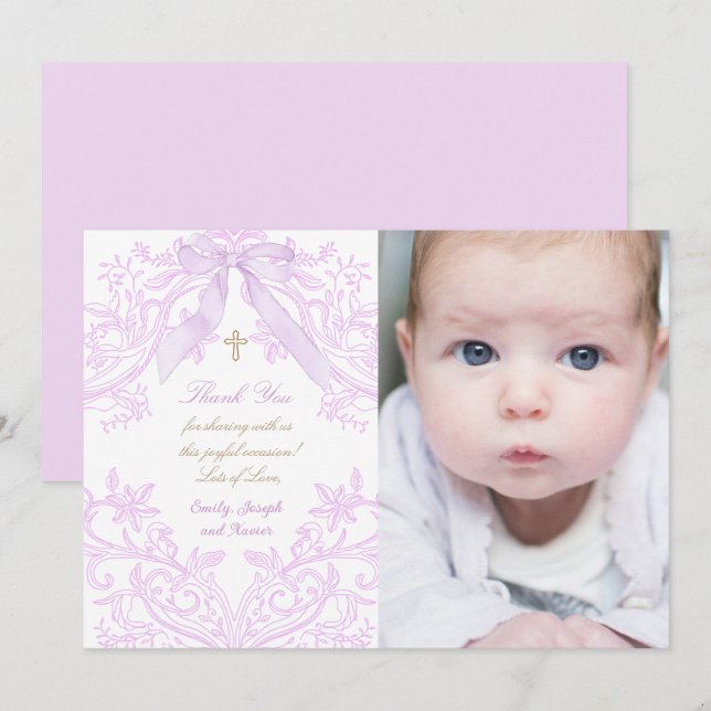 Baptism baby girl lilac design thank you card (Vorne/Hinten)