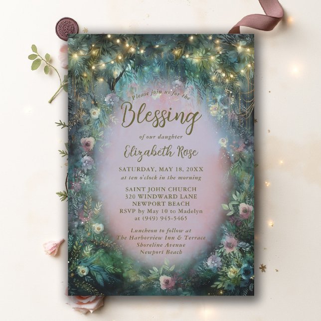 Baptism Blessing Enchanted Garden Roses Fairytale Einladung (baptism invitation christening enchanted forest garden botanical greenery roses emerald gold pink)
