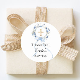 Baptism blue boy florals wreath cross thank you runder aufkleber