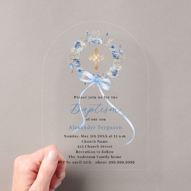 Baptism blue floral wreath boy bow arch acryleinladungen (Insitu (Handheld))