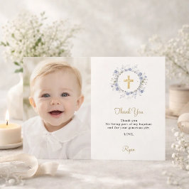 Baptism blue florals photo thank you card einladung