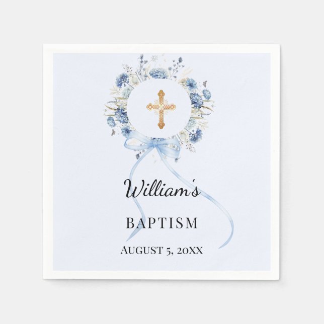Baptism blue florals wreath boy cross serviette (Vorderseite)