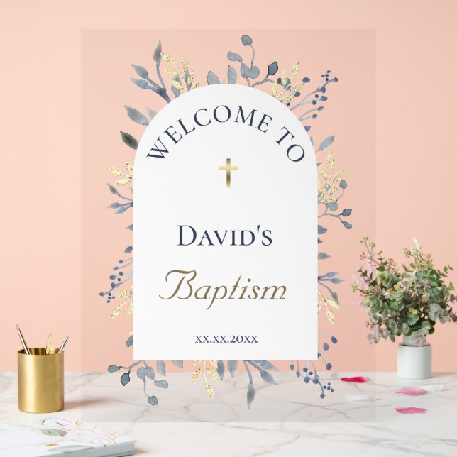 Baptism blue foliage clear welcome sign acrylschild (Hochzeit)