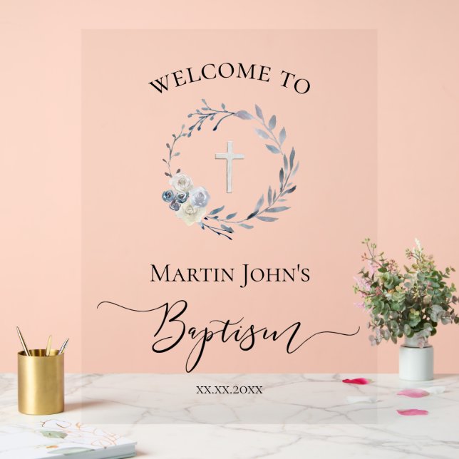 Baptism blue wreath welcome sign acrylschild (Hochzeit)