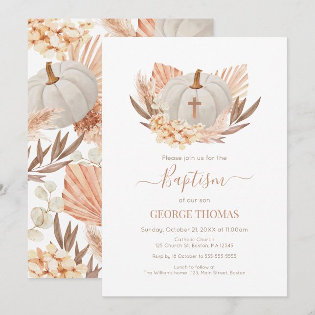 Baptism Boho Pampas white Pumpkin Invitation  Einladung (Vorne/Hinten)