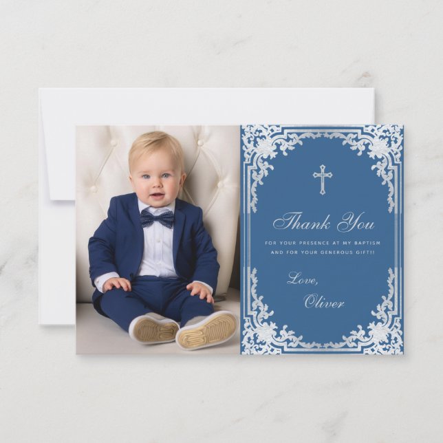 Baptism Boy Foto Classic Blue Vintag Elegante Dankeskarte (Vorderseite)