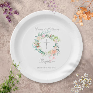 Baptism Christening Floral Silver Cross  Pappteller