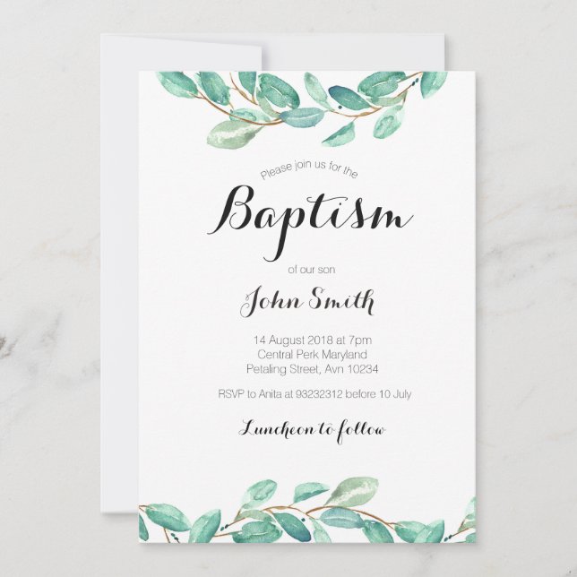 Baptism Christening Invitation Card Botanique (Devant)