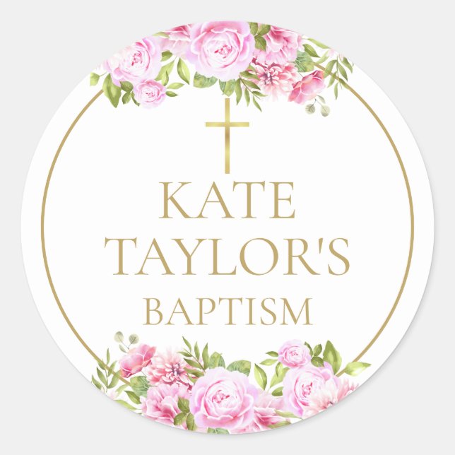  Baptism Christening Pink Rose Floral Favor Runder Aufkleber (Vorderseite)