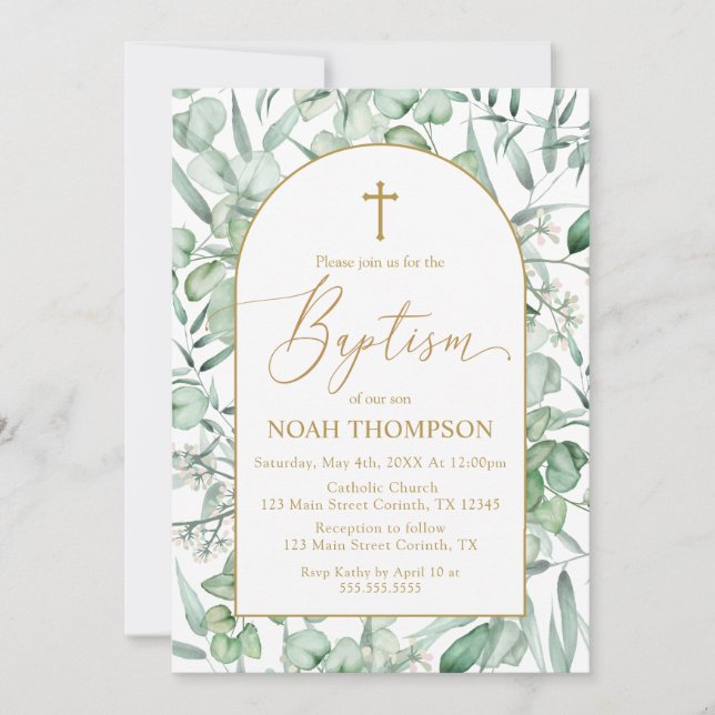 Baptism Eucalyptus leaves Invitation (Devant)