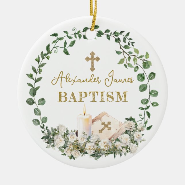 Baptism Eucalyptus Roses Cross Photo Keramik Ornament (Vorne)