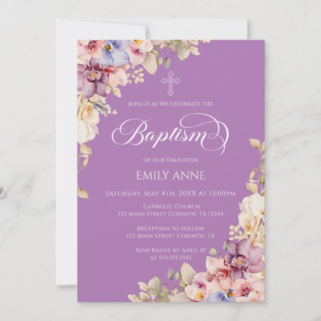 Baptism Floral Orchids purple Invitation (Devant)