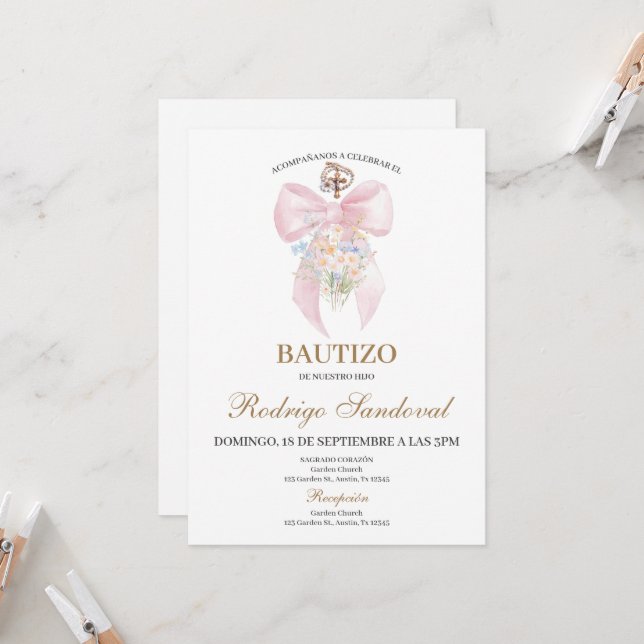Baptism girl pink bow einladung (Vorderseite/Rückseite Beispiel)