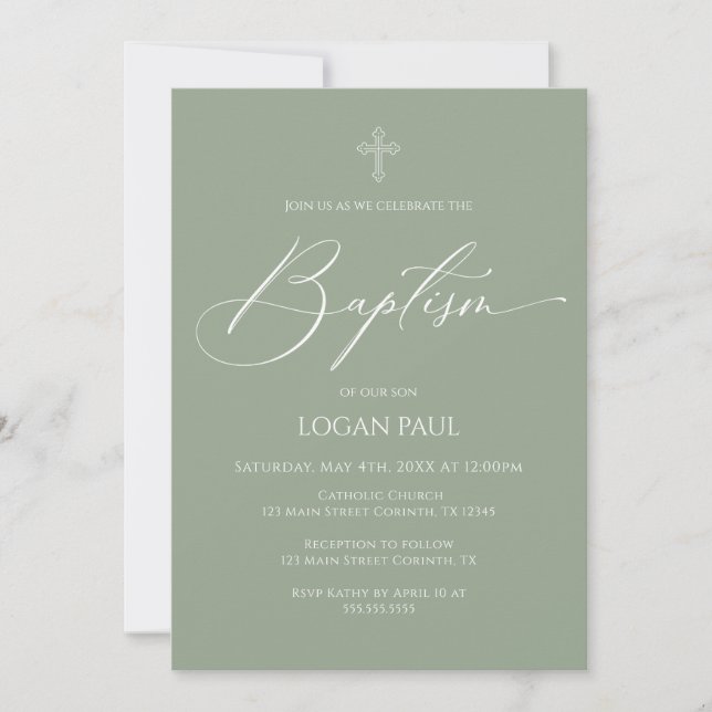 Baptism God Bless Sage Invitation Einladung (Vorderseite)