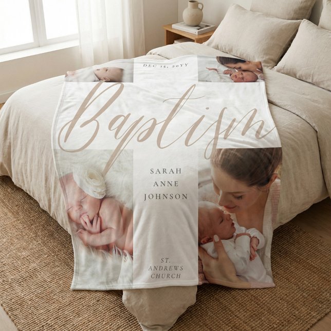 Baptism Gold Calligraphy Photo Collage Keepsake Fleecedecke (Baptism Gold Calligraphy Photo Collage Keepsake Fleece Blanket)