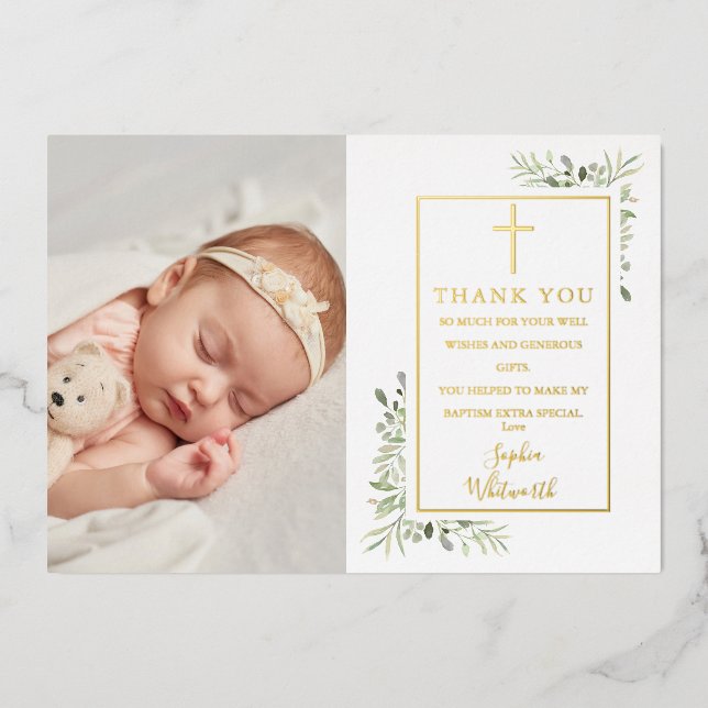 Baptism Greenery Foto Gold Foil Danke Karte (Vorderseite)