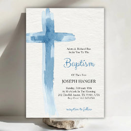 Baptism invitation card featuring blue cross einladung