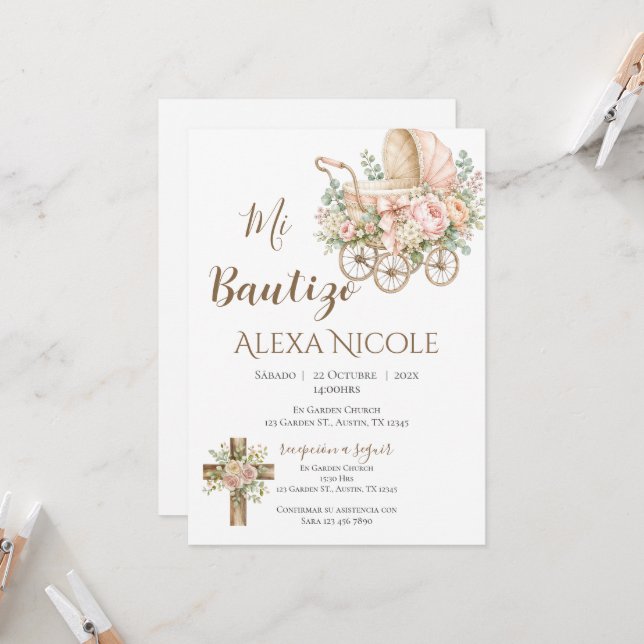 Baptism Invitation in Spanish Boho Einladung (Vorderseite/Rückseite Beispiel)