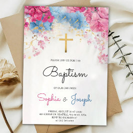 Baptism Invitation with blue floral a gold cross Einladung