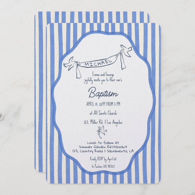 Baptism invitation with doves blue pinstripes (Devant / Derrière)