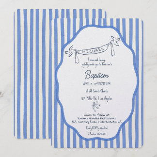 Baptism invitation with doves blue pinstripes einladung