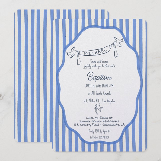 Baptism invitation with doves blue pinstripes einladung (Vorne/Hinten)