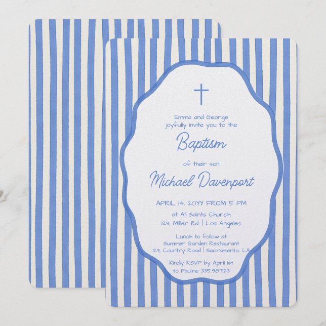 Baptism invitation with fancy blue pinstripes einladung (Vorne/Hinten)