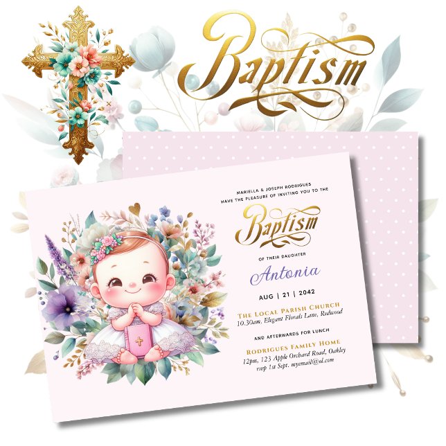 BAPTISM Lila Gold-Blumenkreuz Einladung (Von Creator hochgeladen)