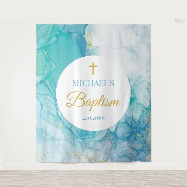 Baptism Marble blue mint modern backdrop Wandteppich (Vorderseite)