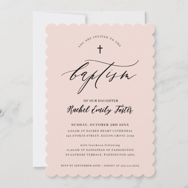 BAPTISM minimale Kalligrafie elegante Rosa Einladung (Vorderseite)