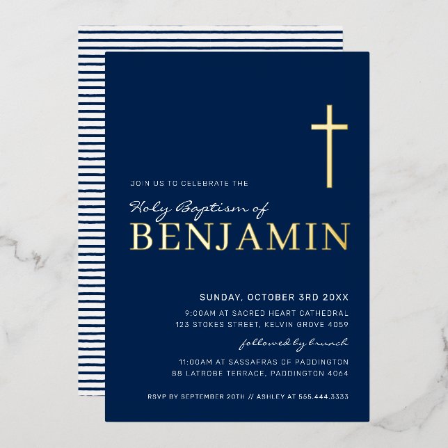 BAPTISM modernes, elegantes, kreuzmarinebasiertes  Folieneinladung (Vorderseite/Rückseite)