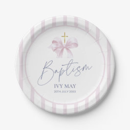 Baptism Paper Plates for Girl, Modern Pink Bow  Pappteller