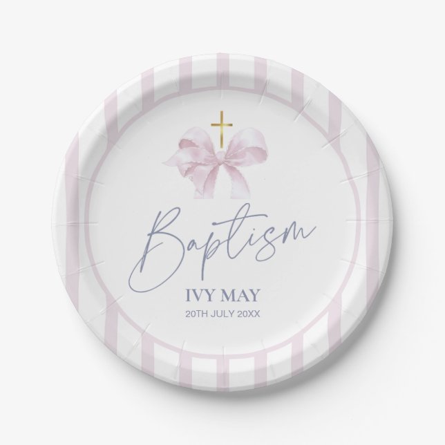 Baptism Paper Plates for Girl, Modern Pink Bow  Pappteller (Vorderseite)